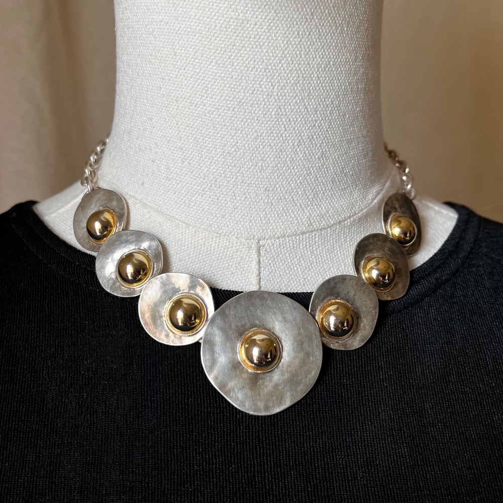 Mixed Metal Disc Statement Necklace Silver Gold Dome Modernist 16.5" Collar